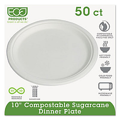 Eco-Products Renewable and Compostable Sugarcane Dinnerware, Plate, 10" dia, Natural White, 50/Pack (EPP005PK)