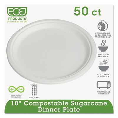 Eco-Products Renewable and Compostable Sugarcane Dinnerware, Plate, 10" dia, Natural White, 50/Pack (EPP005PK)