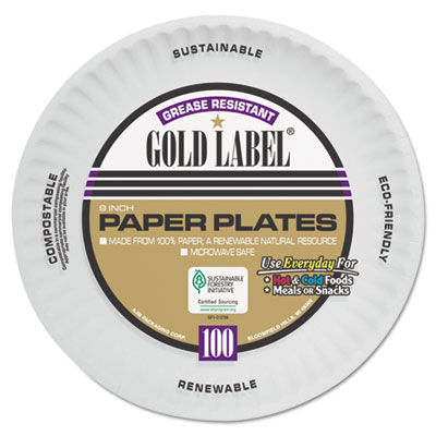 AJM Packaging Corporation Coated Paper Plates, 9" dia, White, 100/Pack, 12 Packs/Carton (CP9GOAWH)
