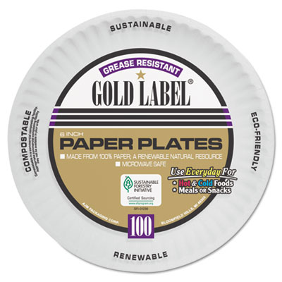 AJM Packaging Corporation Coated Paper Plates, 6" dia, White, 100/Pack, 12 Packs/Carton (CP6GOAWH)