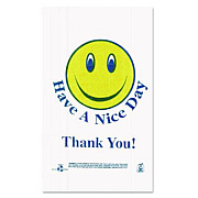 Barnes Paper Company Smiley Face Shopping Bags, Thank You - Have a Nice Day Labeling, Cut-Out Handles, 11.5" x 6.5" x 21", White/Red, 900/Carton (T16SMILEY)