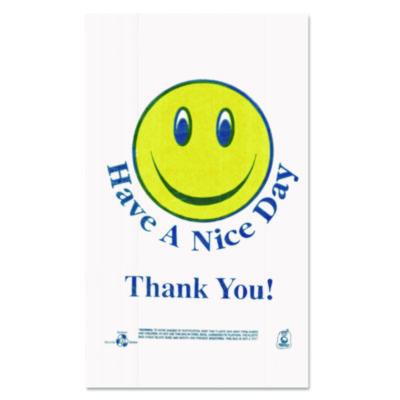 Barnes Paper Company Smiley Face Shopping Bags, Thank You - Have a Nice Day Labeling, Cut-Out Handles, 11.5" x 6.5" x 21", White/Red, 900/Carton (T16SMILEY)