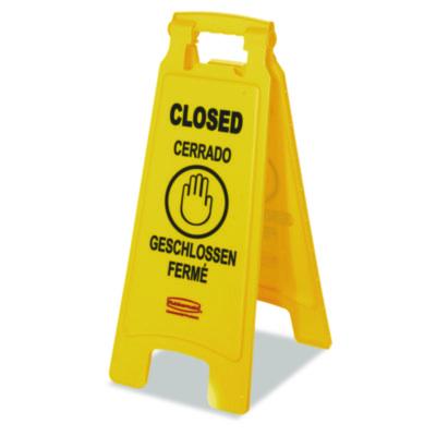 Rubbermaid Commercial Multilingual "Closed" Sign, 2-Sided, 11 x 12 x 25, Bright Yellow (611278YEL)