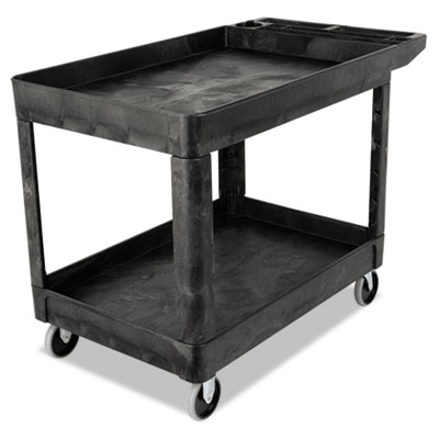 Rubbermaid Commercial Heavy-Duty Utility Cart with Lipped Shelves, Plastic, 2 Shelves, 500 lb Capacity, 25.78" x 45.25" x 33.25", Black (452089BLA)