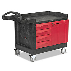 Rubbermaid Commercial TradeMaster Cart with One Door, Plastic, 3 Shelves, 4 Drawers, 750 lb Capacity, 26.25" x 49" x 38", Black (453388BLA)