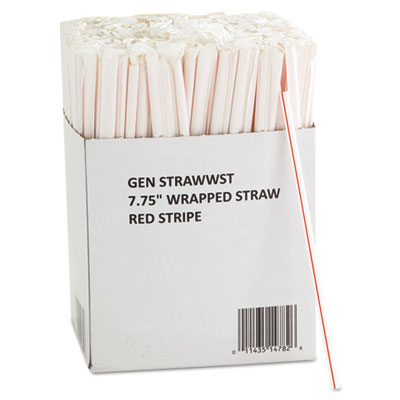 GEN Wrapped Jumbo Straws, 7 3/4", White W/red Stripes, 24/carton (GENSTRAWWST)