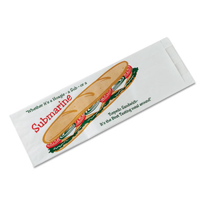 Bagcraft Sub Sandwich Bags, Submarine: Torpedo Sandwich Icon Labeling, 4.5" x 2" x 14", White/Red/Green, 1,000/Carton (300435)