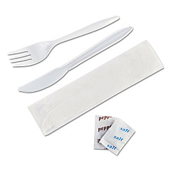 GEN Wrapped Cutlery Kit, 6.25", Fork/Knife/Napkin/Salt/Pepper, Polypropylene, White, 250/Carton (GEN7KITMW)