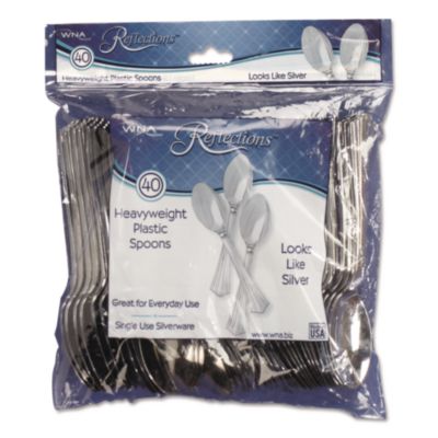 WNA Reflections Heavyweight Plastic Utensils, Spoon, Silver, 40/Pack (REF320SPPK)