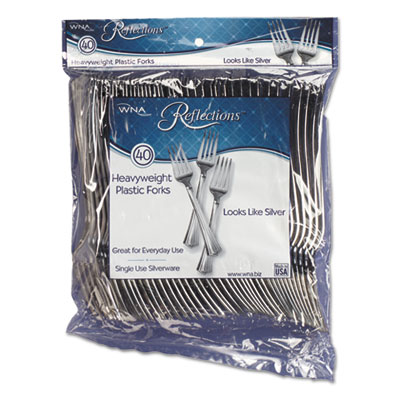 WNA Reflections Heavyweight Plastic Utensils, Fork, Silver, 40/Pack (REF320FKPK)