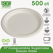 Eco-Products Renewable and Compostable Sugarcane Plates, 10" dia, Natural White, 500/Carton (EPP005)