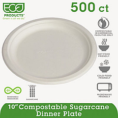 Eco-Products Renewable and Compostable Sugarcane Plates, 10" dia, Natural White, 500/Carton (EPP005)
