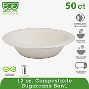 Eco-Products Renewable and Compostable Sugarcane Bowls, 12 oz, Natural White, 50/Packs (EPBL12PK)