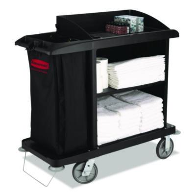 Rubbermaid Commercial Multi-Shelf Cleaning Cart, Plastic, 4 Shelves, 1 Bin, 22" x 49" x 50", Black (6190BLA)