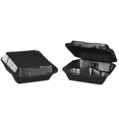 Genpak Snap-It Foam Hinged Carryout Container, 3-Comp, Black, 8-1/4x8x3,100/bg, 2 Bg/ct (SN2433L)