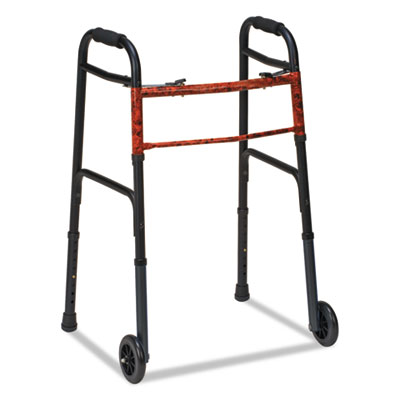 DMI Two-Button Release Folding Walker with Wheels, Adjusts 32" to 38", 250 lb Capacity, Black/Copper (80210450200)