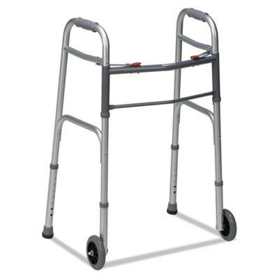 DMI Two-Button Release Folding Walker with Wheels, Adjusts 32" to 38", 250 lb Capacity, Silver/Gray (80210450600)