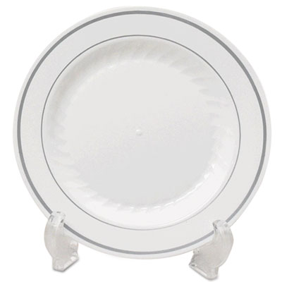 WNA Masterpiece Plastic Dinnerware, Plate, 10.25" dia. White/Silver, 12/Pack, 10 Packs/Carton (MP10WSLVR)