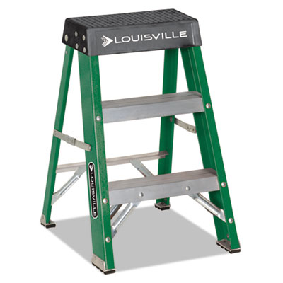 Louisville #624 FOLDING FIBERGLASS LOCKING 2-STEP STOOL, 17W X 22 SPREAD X 24H, ALUMINUM/GREEN/YELLOW (L321202)