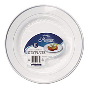 WNA Masterpiece Plastic Plates, 10.25" dia, White/Silver, 10/Pack, 12 Packs/Carton (RSM101210WS)