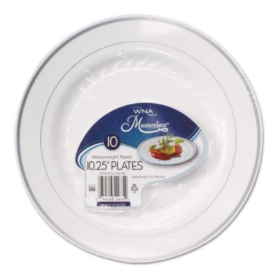 WNA Masterpiece Plastic Plates, 10.25" dia, White/Silver, 10/Pack, 12 Packs/Carton (RSM101210WS)
