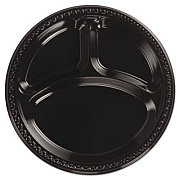 Chinet Heavyweight Plastic 3-Compartment Plates, 10.25" dia, Black, 125/Pack, 4 Packs/Carton (81430)
