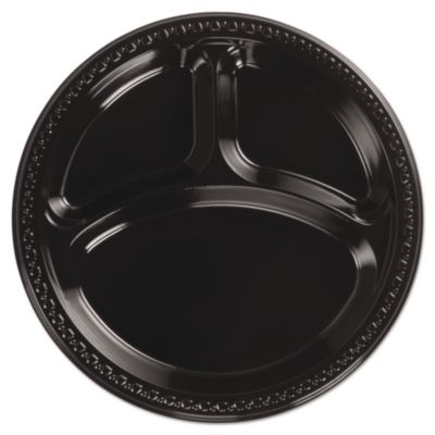 Chinet Heavyweight Plastic 3-Compartment Plates, 10.25" dia, Black, 125/Pack, 4 Packs/Carton (81430)