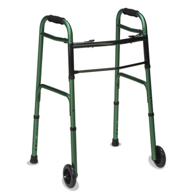 DMI Two-Button Release Folding Walker with Wheels, Adjusts 32" to 38", 250 lb Capacity, Green/Green Ice (80210451200)