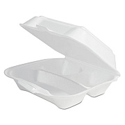 Plastifar Foam Hinged Lid Container Secure One Tab Latch, 3 Compartments, 7.81 x 8.75 x 3.38, White, 100/Sleeve, 2 Sleeves/Bag (12039)