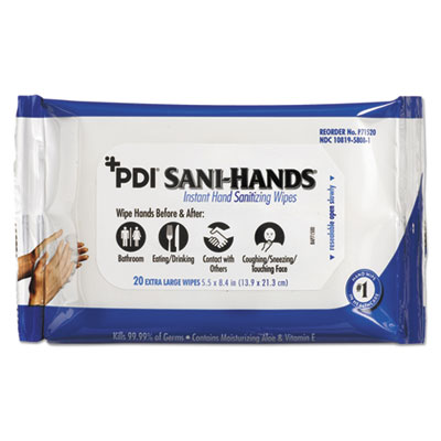 Sani Professional PDI Sani-Hands Instant Hand Sanitizing Wipes, 1-Ply, 5.5 x 8.4, White, 20/Pack, 48 Packs/Carton (P71520)