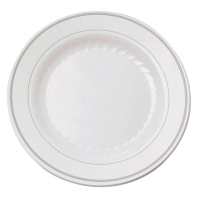 WNA Masterpiece Plastic Plates, 6 In., White W/silver Accents, Round, 120/carton (RSM61210WS)