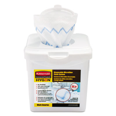 Rubbermaid Commercial HYGEN Disposable Microfiber Cloth Starter Kit, White/blue, 160 Cloths W/charging Tub (1928756)