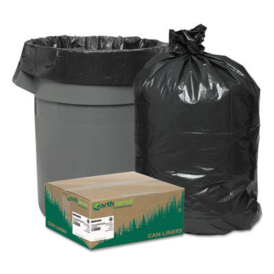Earthsense Commercial Linear Low Density Recycled Can Liners, 45 Gallon, 1.25 mil, 40" x 46", Black, 10 Bags/Roll, 10 Rolls/Carton (RNW4850)