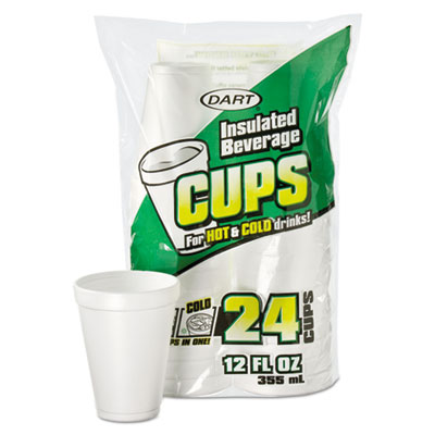 Dart Small Foam Drink Cups, 12 oz, White, 24/Bag, 12 Bags/Carton (12JP24)