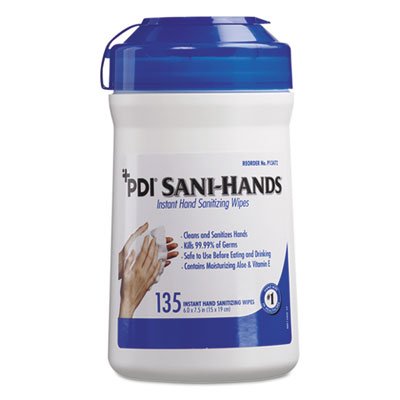Sani Professional PDI Sani-Hands ALC Instant Hand Sanitizing Wipes, 1-Ply, 7.5 x 6, White, 135/Canister, 12 Canisters/Carton (P13472)