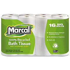 Marcal 100% Recycled Two-Ply Bath Tissue, Septic Safe, White, 168 Sheets/Roll, 16 Rolls/Pack (1646616PK)