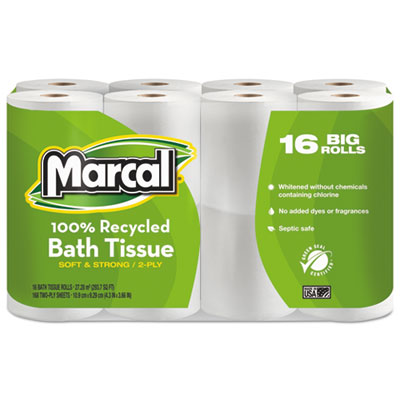 Marcal 100% Recycled Two-Ply Bath Tissue, Septic Safe, White, 168 Sheets/Roll, 16 Rolls/Pack (1646616PK)