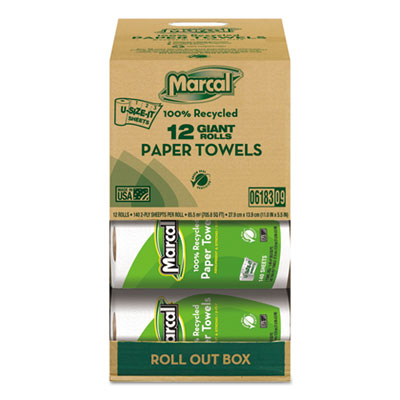 Marcal 100% Premium Recycled Kitchen Roll Towels, Roll Out Box, 2 Ply, 11 x 5.5, White, 140 Sheets, 12 Rolls/Carton (6183)