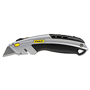 Stanley Curved Quick-Change Utility Knife, Stainless Steel Retractable Blade, 3 Blades, 6.63" Metal Handle, Black/Chrome (10788)