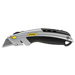 Stanley Curved Quick-Change Utility Knife, Stainless Steel Retractable Blade, 3 Blades, 6.63" Metal Handle, Black/Chrome (10788)