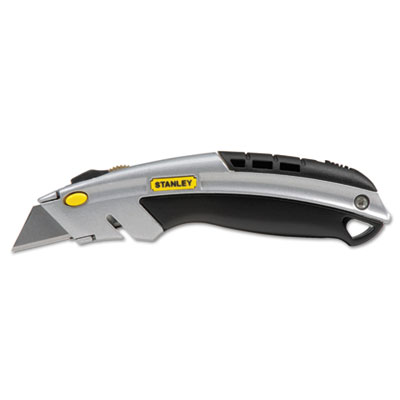 Stanley Curved Quick-Change Utility Knife, Stainless Steel Retractable Blade, 3 Blades, 6.63" Metal Handle, Black/Chrome (10788)