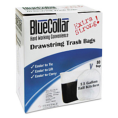 BlueCollar Drawstring Trash Bags, Drawstring, 13 gal, 24" x 28", White, 80 Bags/Box, 6 Boxes/Carton (N4828EWRC1CT)