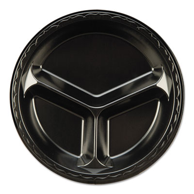Genpak Elite Laminated Foam 3-Compartment Plate, 10 1/4" Dia, Black, 125/pack, 4 Pk/ct (LAM133L)