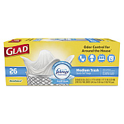 Glad OdorShield Medium Quick-Tie Trash Bags, 8 gal, 0.57 mil, 21.63" x 23", White, 26/Box (78815BX)
