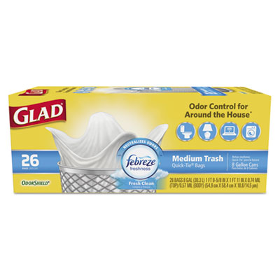Glad OdorShield Medium Quick-Tie Trash Bags, 8 gal, 0.57 mil, 21.63" x 23", White, 26/Box (78815BX)