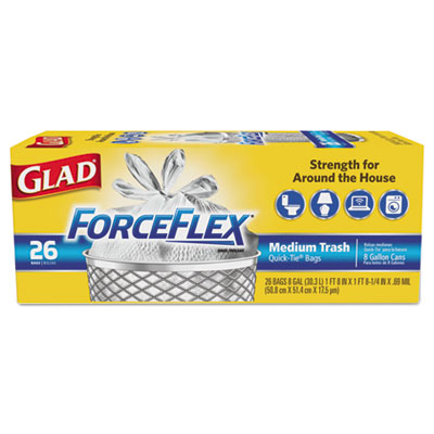 Glad ForceFlex Medium Quick-Tie Trash Bags, 0.69 mil, 8 gal, White, 26/Box (70403BX)