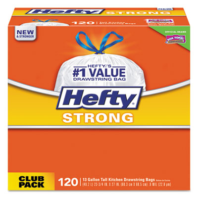 Hefty Strong Tall Kitchen Drawstring Bags, 13 gal, 0.9 mil, 24" x 27.75", White, 120/Box (E84562)
