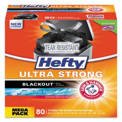 Hefty Ultra Strong BlackOut Tall-Kitchen Drawstring Bags, 13 gal, 0.9 mil, 23.75" x 24.88", Black, 80/Box (E88352)
