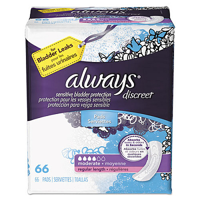Always DISCREET INCONTINENCE PADS, MODERATE, 66/PACK, 3 PACKS/CARTON (92726)