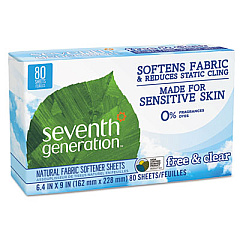 Seventh Generation NATURAL FABRIC SOFTENER SHEETS, FREE AND CLEAR, 80/BOX, 12 BOX/CARTON (22787)